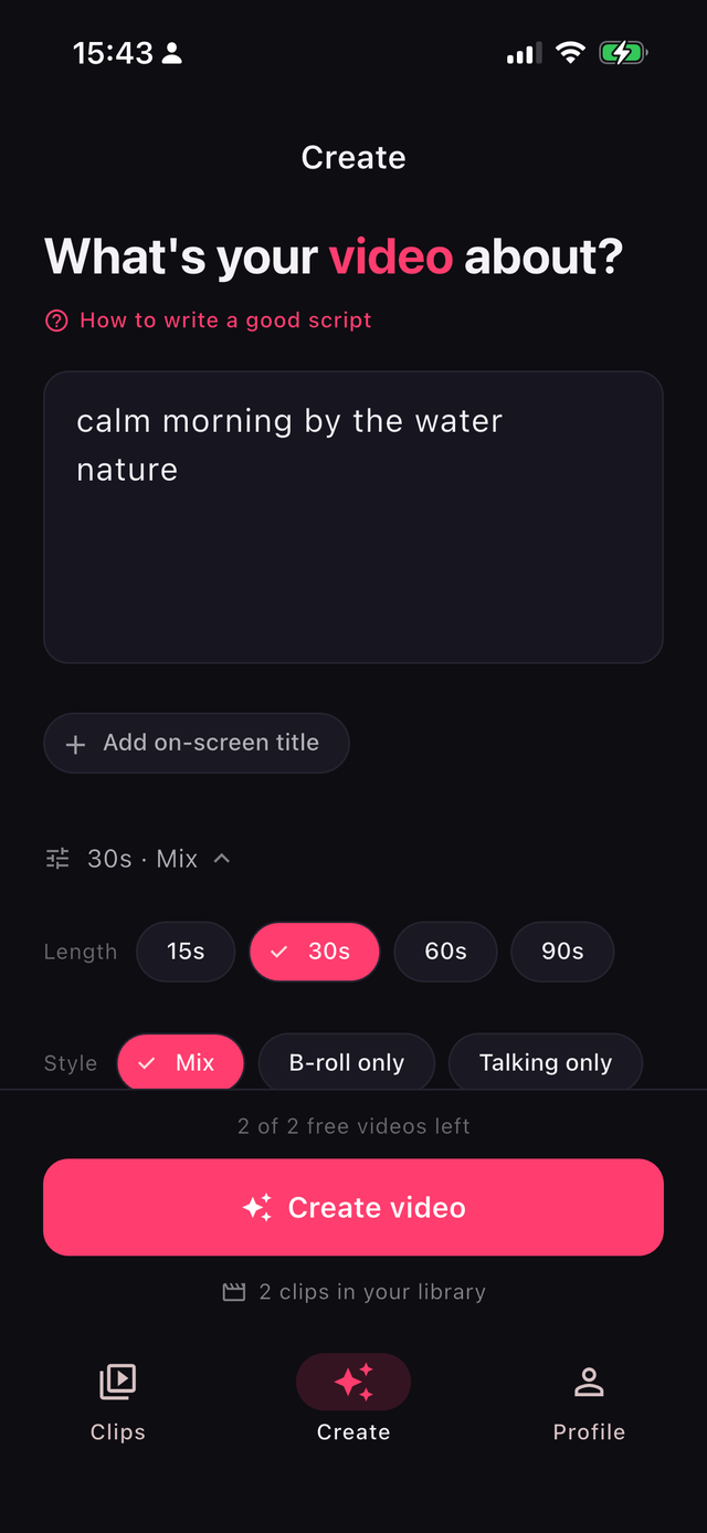 The RawCut create screen: write your script, pick a length, tap Create video