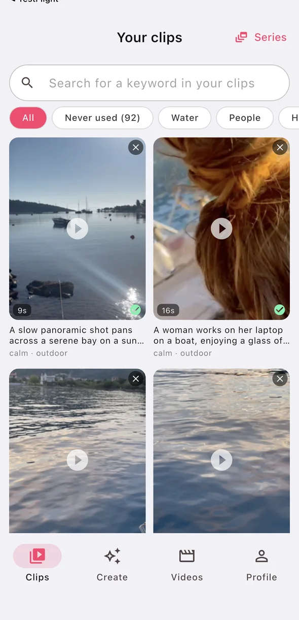 The RawCut clip library, searchable and filtered by what happens in each clip