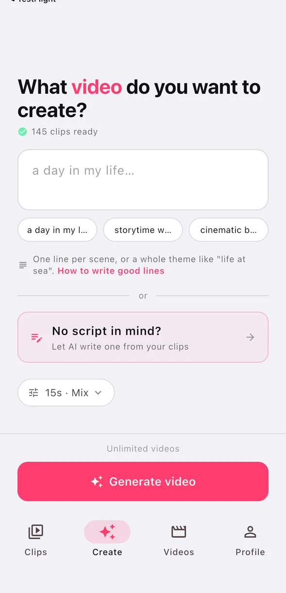 The RawCut create screen: a field asking what video you want to create, with example prompts from your own clips