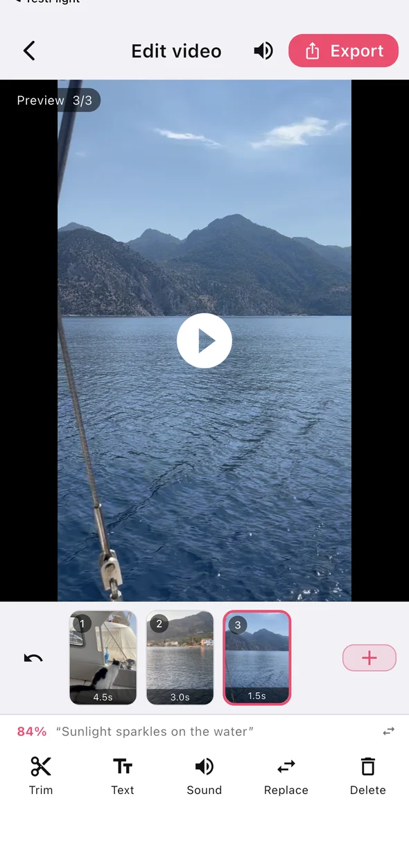 The RawCut editor showing an 84 percent match score for the script line Sunlight sparkles on the water