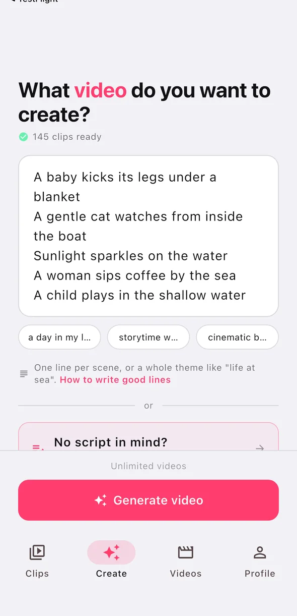 A five-line script in RawCut, written from the clips already in the library